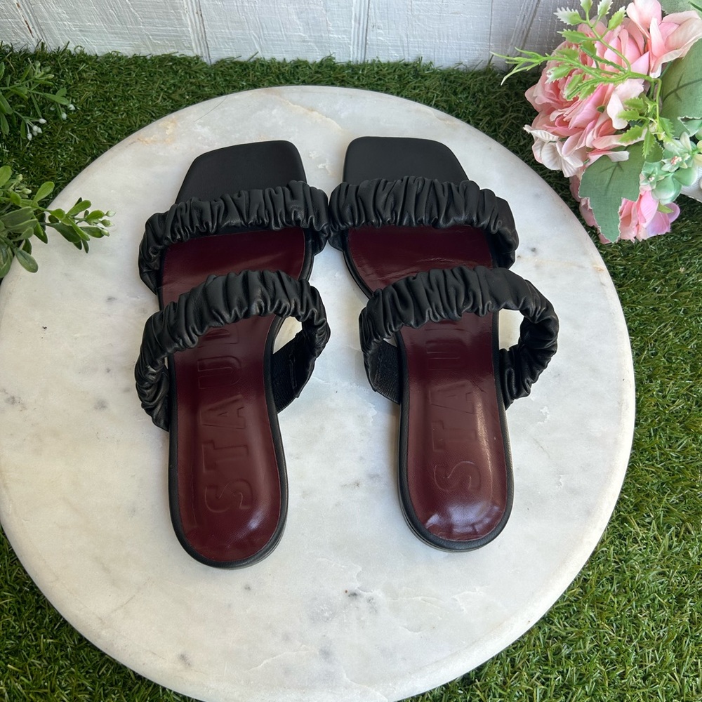 STAUD Maya Ruched Leather Slides Elegant Black Women's Sandals SIZE 6